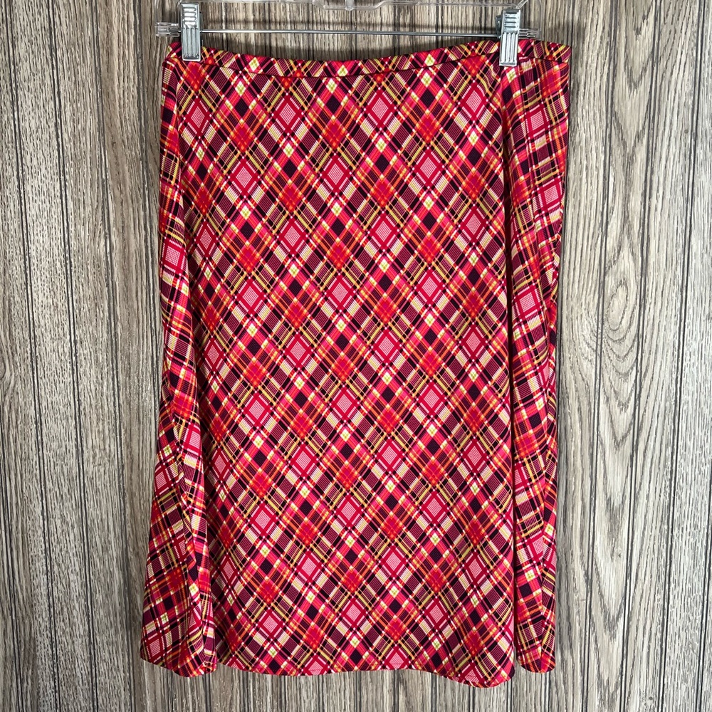 y2k Red Green Pink Plaid A-Line Mod Midi Skirt - Picture 4 of 4